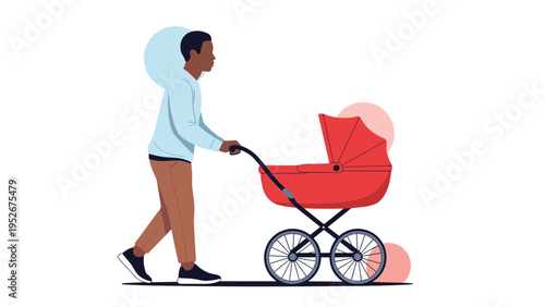 African American man in casual clothes walks forward while pushing a red modern baby stroller on a white background.