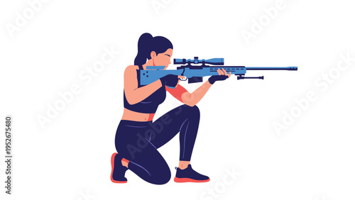 Professional female sharpshooter in dark athletic wear kneels while aiming a long-range blue sniper rifle with a scope.