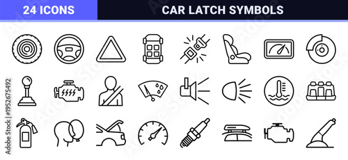 Automotive Safety Buckle and Vehicle Security Linear Symbols featuring Technical Monoline Aesthetic for Industrial Design and Transport Systems