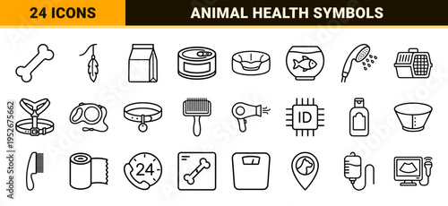 Veterinary Care and Pet Supplies Monoline Symbols featuring Minimalist Animal Health Outlines for Commercial Design Projects
