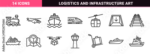 Global Logistics and Multimodal Transportation Monoline Icon Set featuring Minimalist Infrastructure Symbols for Commercial Navigation Design