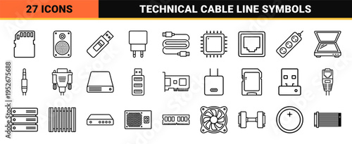 Hardware Connectivity and Universal Data Interface Monoline Symbols Featuring Clean Technical Contours for Professional Electronics Manuals