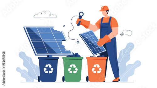 Solar Panel Recycling: A graphic illustration showcasing a dedicated worker involved in solar panel recycling process, embodying environment-friendly practices for a sustainable future.