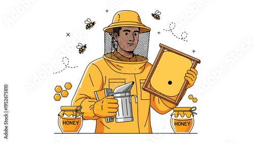 Harmony of the Apiary: A dedicated apiarist, meticulously dressed in protective gear, tends to the thriving hive. Embracing the essence of apiculture and the sweetness of nature.