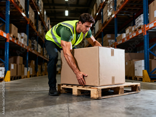 A man in a safety vest bends down to lift a large box off a wooden pallet in a busy warehouse filled with rows of stock. The lighting is bright and the atmosphere is industrious
