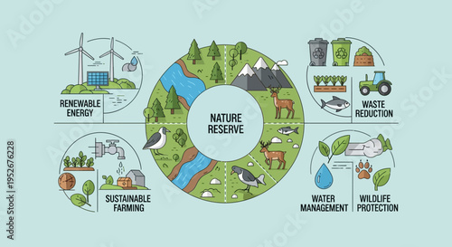 Comprehensive infographic illustrating a circular economy model with sustainable practices: renewable energy, nature reserve, waste reduction, farming, water management, wildlife protection.