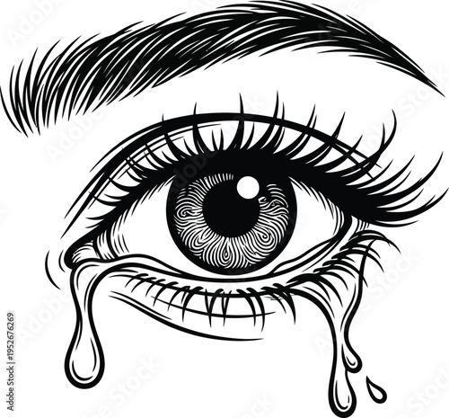 Crying eye illustration with detailed lashes and emotional tear drops