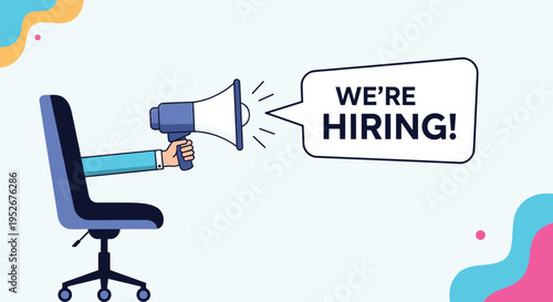 Recruitment and job vacancy concept with a megaphone held from an office chair announcing a we are hiring message.