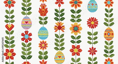 Colorful easter eggs and flowers pattern on white background easter day decoration with floral design