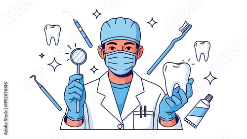 Dentist's Care: A skilled dentist, fully equipped and focused, showcases dental tools amidst gleaming teeth, illustrating meticulous oral health maintenance.