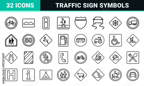 Road Safety and Traffic Signage Technical Monoline Symbols Featuring Minimalist Octagon Stop Shapes and Universal Regulatory Wayfinding Outlines
