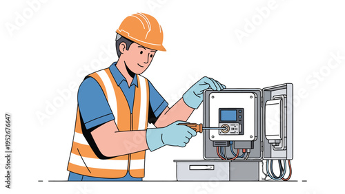 Technician at Work: A skilled technician, equipped with protective gear, diligently works on electrical equipment, symbolizing expertise and precision.