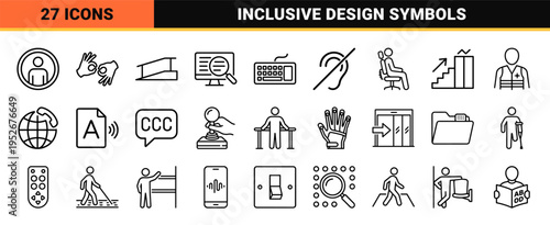 Universal Accessibility Symbols and Human Ergonomics Signage Featuring Sophisticated Minimalist Monoline Outlines for Inclusive Design Projects
