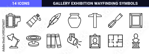 Creative Arts and Fine Art Studio Monoline Outline Symbols for Professional Interface Design and Technical Graphic Documentation