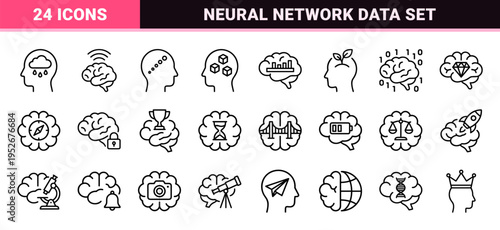 Brain and Cognitive Science Neural Network Monoline Icons, Minimalist Mental Health and Artificial Intelligence Vector Symbols for Digital Interfaces