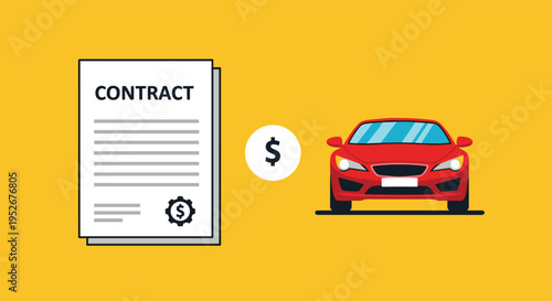 Automotive financing concept showing a vehicle purchase contract with a dollar sign icon and a modern red passenger car.