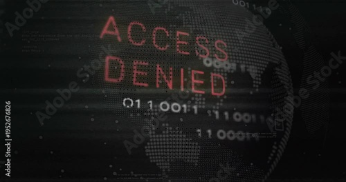 Animation of access denied text over processing data on black interface screen