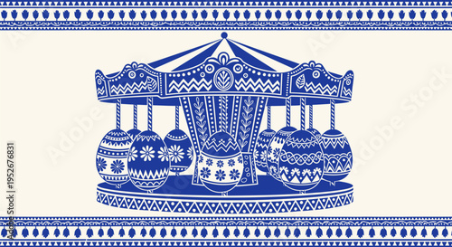 Vibrant blue and white illustration of a merry go round with ornate patterns on a festive background perfect for easter or carnival themed designs
