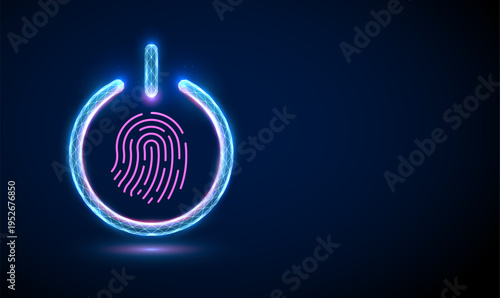 Pink fingerprint inside blue power button. Secure device access, identity authentication, encrypted startup control, authorized operation, safe system launch concept.