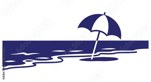Blue beach umbrella on calm ocean water in minimalist illustration for summer vacation