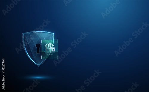 3d shield with keyhole and fingerprint digital scanning frame. Biometric authentication, secure access control, identity verification, encrypted entry system concept.