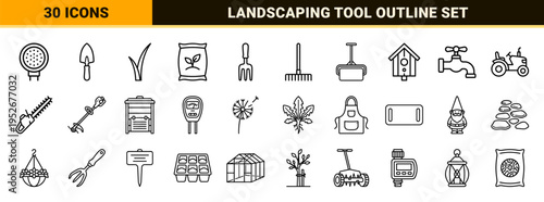 Landscaping and Lawn Maintenance Monoline Symbols Featuring Gardening Tools Botanical Elements and Grass Care Equipment in Crisp Outline Style