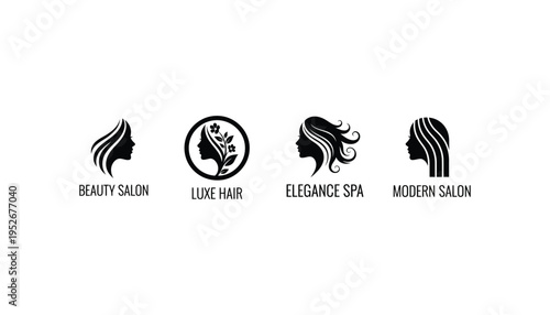 Four stylized icons representing beauty salon, luxe hair, elegance spa, and modern salon services.