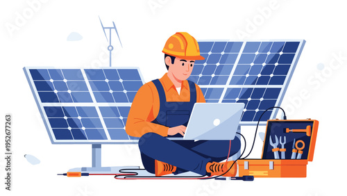 Solar Panel Technician at Work: An electrician, focused on his laptop, meticulously examines the solar panels to ensure peak performance and sustainable energy. 