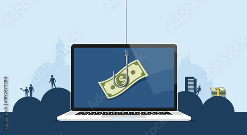 Internet fraud and phishing concept showing a laptop with a dollar bill on a fishing hook against a blue city silhouette.