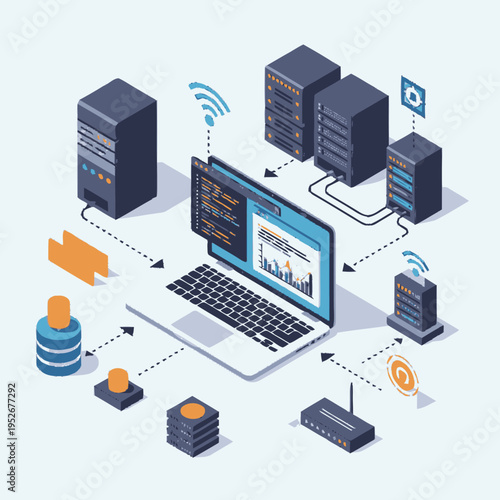 Modern Computer Network and Data Server Infrastructure Illustration.