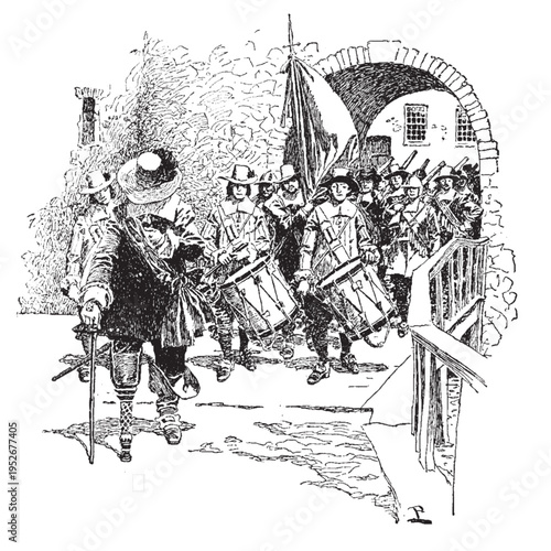 Historical illustration of the Surrender of Fort Amsterdam, depicting colonial-era conflict, ideal for history, education, and documentary designs