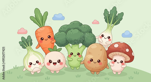 Happy Cute Cartoon Vegetables Standing Together in a Green Field, Diverse Fresh Produce