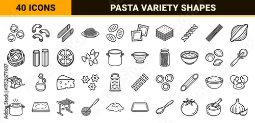Authentic Italian Pasta Varieties and Kitchen Utensils Monoline Graphic Resource featuring Minimalist Outline Shapes for Culinary Branding