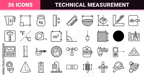 Technical Measurement and Precision Metrology Linear Symbols for Engineering, Physics, and Scientific Geometry Calculations in Minimalist Monoline Aesthetic