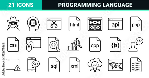 Software Engineering and Web Development Technical Monoline Outlines Featuring Coding Symbols Database Management and Cloud Computing Assets