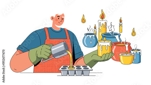 Candlemaker: An individual is meticulously creating candles, focusing on the careful pour of wax into molds, surrounded by various stages of candle-making