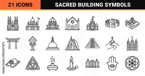 Sacred Architecture and Religious Landmarks Monoline Style for Global Spiritual Heritage and Cultural Mapping UI Designs