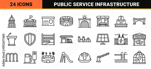 Government Infrastructure and Civic Building Monoline Icons featuring Minimalist Architectural Outlines for Urban Planning and Public Service Design.
