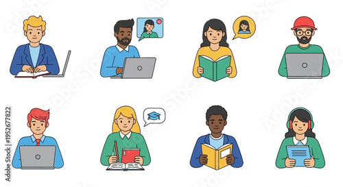 Diverse Group of Students Learning and Working with Laptops, Educational Avatars on Isolated White Background