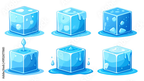 Five stages of ice cube melting into water puddle process sequence flat vector illustration isolated on white background for science education and physics