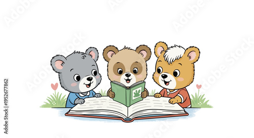 Three Cute Cartoon Bears Happily Reading an Open Book Together on Green Grass with Small Flowers on an Isolated White Background