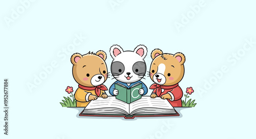 Three Cute Cartoon Animals, Including Bears and a Dog, Happily Reading an Open Book Together on Green Grass with Flowers on a Light Blue Background