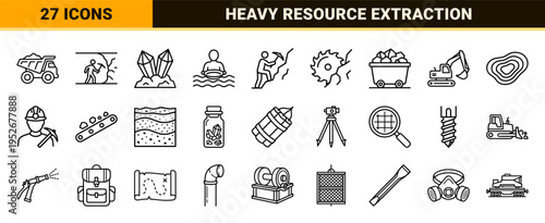 Industrial Mining and Geology Monoline Symbols for Technical Mapping and Heavy Industry Interface Design in Minimalist Vector Style
