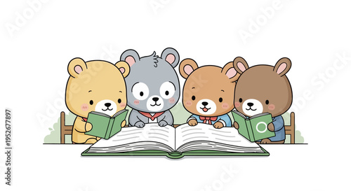 Three Cute Cartoon Bears Happily Reading an Open Book Together on a Patch of Green Grass on an Isolated White Background