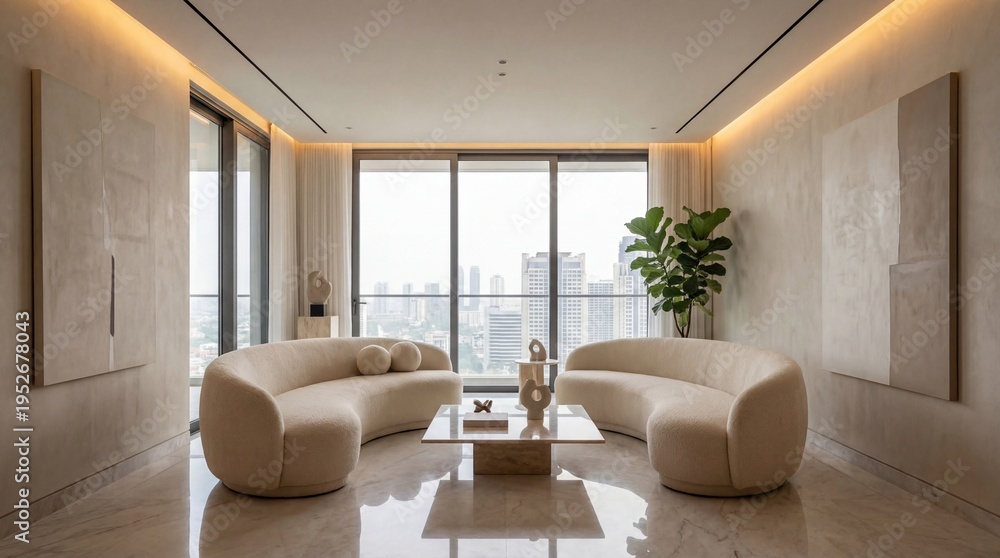 Fototapeta premium Bright living room with curved sofas facing each other, a marble table, artwork, and a city view through large windows.