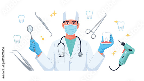 Dental Expert: A skilled dental professional stands surrounded by essential instruments, embodying expertise and precision in a clean and clinical setting.