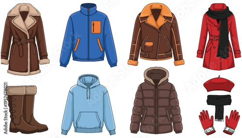 A collection of winter clothing items is displayed against a white background.