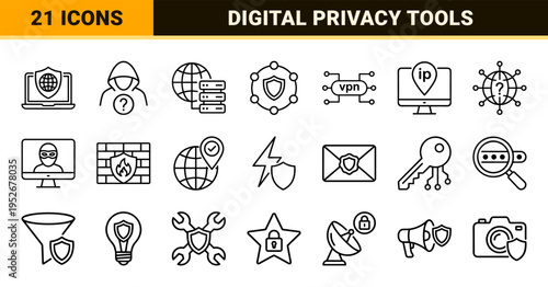 Cyber Security and VPN Service Technical Monoline Icons featuring Minimalist Network Privacy and Data Encryption Symbols for Web Safety