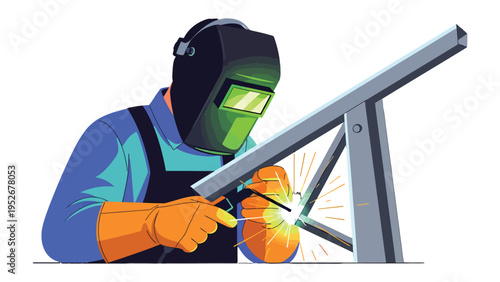 Welder at Work: A skilled welder, protected by a safety mask and gloves, meticulously fuses metal structures, showcasing the precision and artistry of industrial craftsmanship.