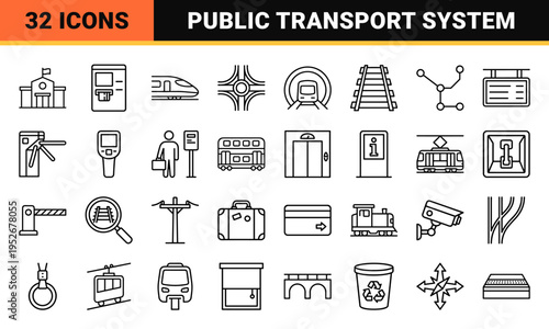 Urban Railway Transit and Commuter Infrastructure Monoline Outline Symbols. Professional Technical Line Art for Public Transportation Systems.